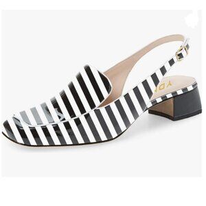 YDN Black Stripe Square Toe Block Low Heels Slingback Formal Loafer Dressy Shoes